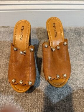 275 Central Women's Tan Scalloped Slide Mules with Crystal Accents